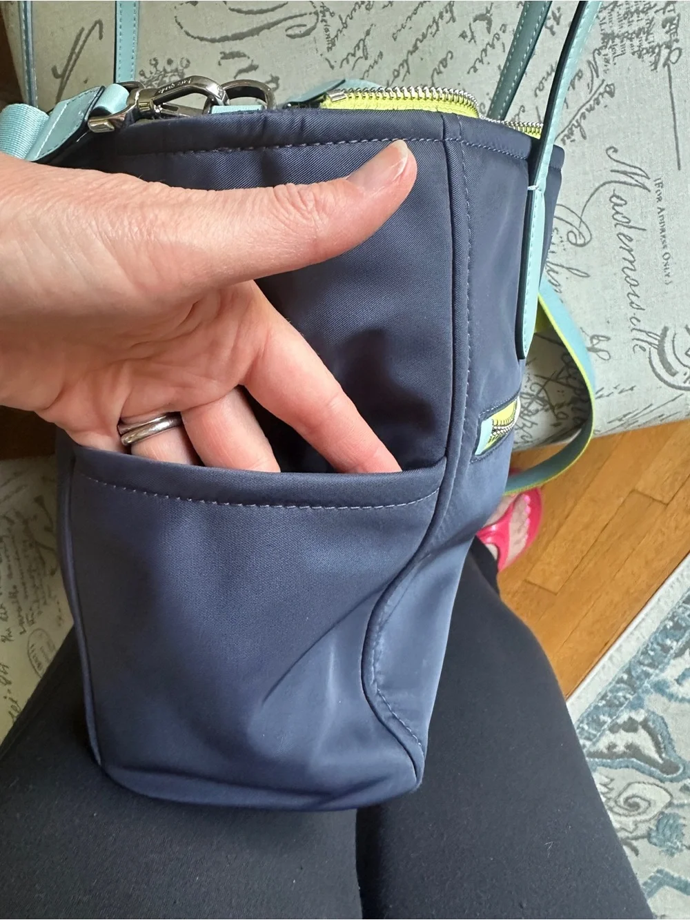 kate spade Navy Shoulder Tote with Mint Handles and Yellow Trim